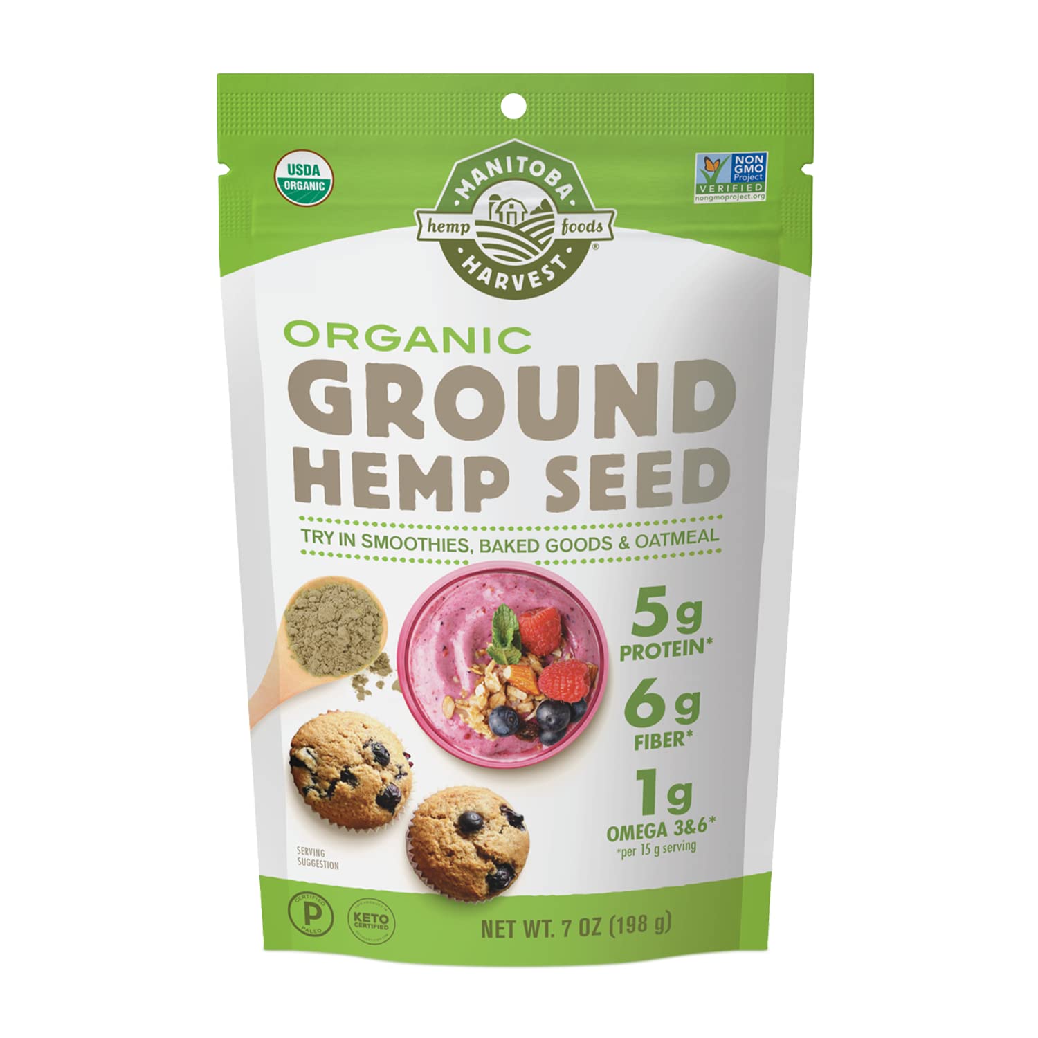 Manitoba Harvest Organic Ground Hemp Seed, 7 Oz – 5G Plant Based Protein, 6G Of Fiber Per Serving – Non-Gmo Project Verified, Vegan, Keto, Paleo – Omega 3 & 6 – Smoothies, Oatmeal, Use In Baking