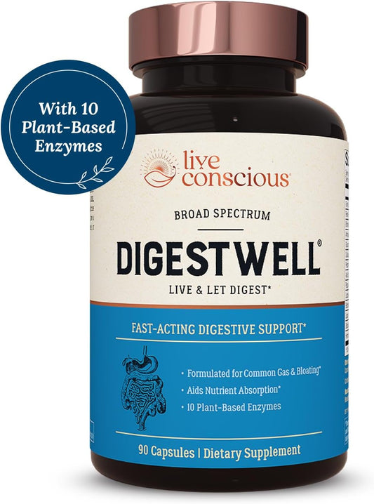 Live Conscious DigestWell Immediate Support - Fast-Acting Digestive Support | Broad Spectrum Enzyme, Probiotic & Herbal Formula - Decreases Everyday Gas & Bloating - 90 Capsules