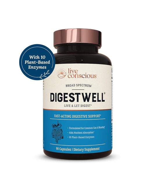 Live Conscious Digestwell Immediate Support - Fast-Acting Digestive Support | Broad Spectrum Enzyme, Probiotic & Herbal Formula - Decreases Everyday Gas & Bloating - 90 Capsules