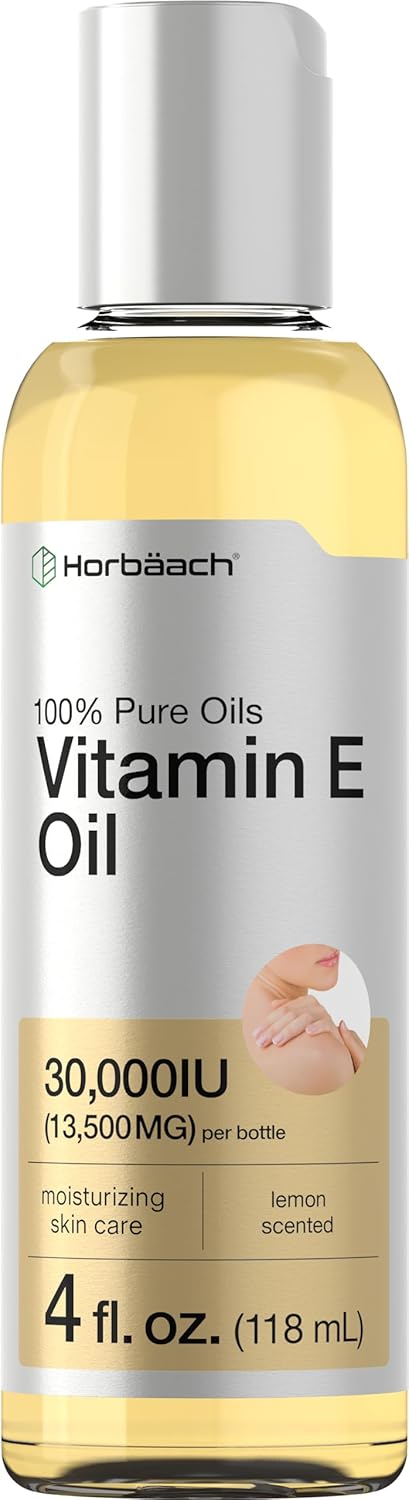 Horbäach Vitamin E Oil For Skin And Face | 30,000 Iu | 4 Fl Oz | 100% Pure Oils | Moisturizing Skin Care | Non-Gmo, Vegetarian | Lemon Scented