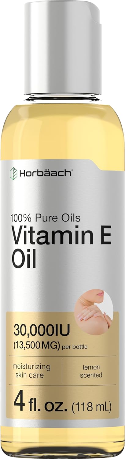 Horbäach Vitamin E Oil For Skin 30,000 Iu | 4 Fl Oz | 100% Pure Oils | Moisturizing Oil | Non-Gmo, Vegetarian | Lemon Scented