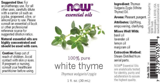 Now Essential Oils, White Thyme Oil, Empowering Aromatherapy Scent, Steam Distilled, 100% Pure, Vegan, Child Resistant Cap, 1-Ounce