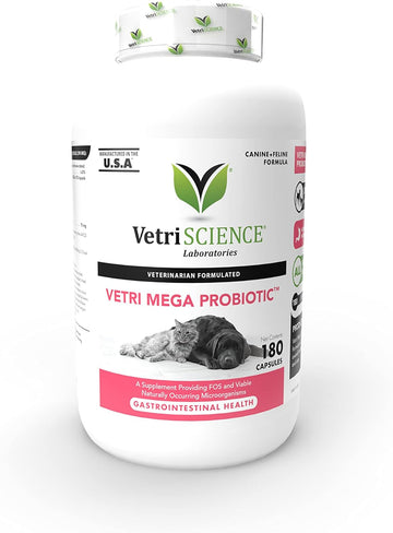 VetriScience Vetri Mega Probiotic and Prebiotic for Dogs and Cats, 180 Capsules - Digestive Relief - Easy to Give Capsules - GI Support