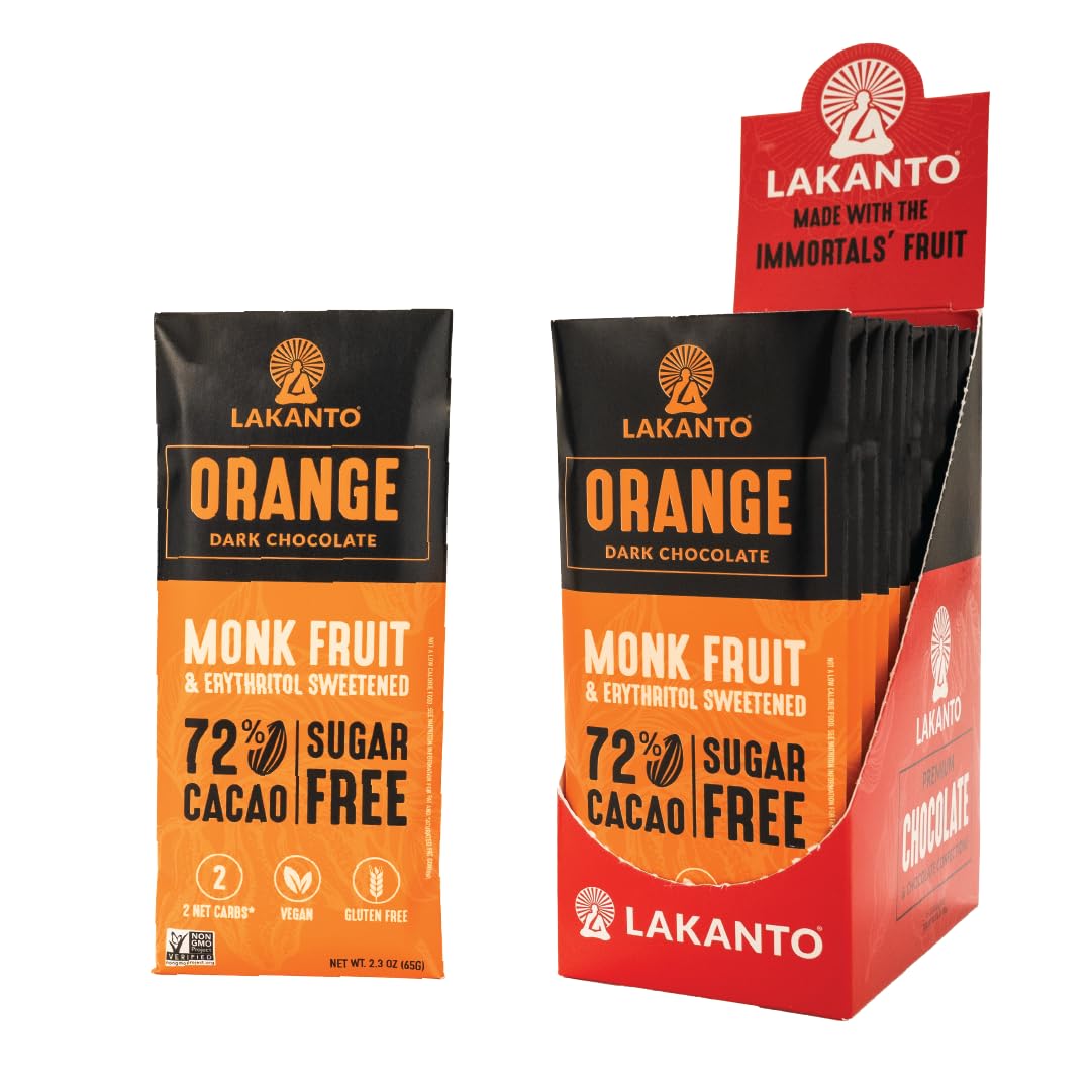 Lakanto Sugar Free Orange Dark Chocolate Bars - Monk Fruit Sweetener and Erythritol, 72% Cacao, Premium Chocolate, Cocoa Butter, Vegan, Gluten Free (Orange - 12 Bars - Pack of 1)