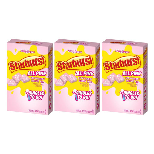 Starburst Singles To Go Powdered Drink Mix, All Pink Strawberry, 3 Boxes With 6 Packets Each - 18 Total Servings, Sugar-Free Drink Powder, Just Add Water, 6 Count (Pack Of 3)