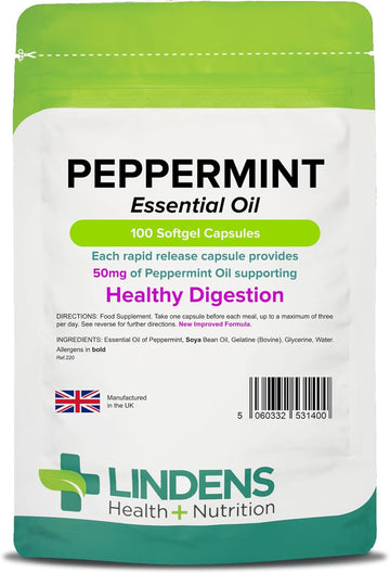 Lindens - Peppermint Oil 50Mg Capsules - 100 Pack - Uk Made - Essential Oil Of Peppermint Supporting Healthy Digestion - Letterbox Friendly