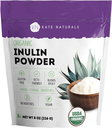 Kate Naturals Inulin Powder Organic for Prebiotic Fiber and Gut Health (8oz) USDA Organic Prebiotic Powder for Vegan Baking, Gluten Free & Keto. Mix Well with Coffee & Smoothies (Blue Agave)