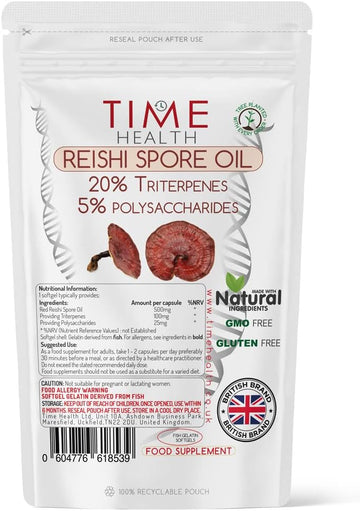 Reishi Spore Oil 500Mg Softgels - 20% Triterpenes - 5% Polysaccharides - Zero Additives - Gmp Standards - Uk Made - Zero Additives (60 Capsule Pouch)