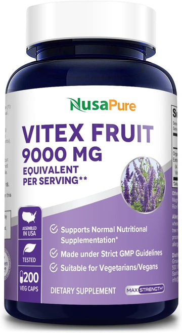 NusaPure Vitex Chasteberry Fruit 20:1 Extract 9,000 mg -200 Veggie Caps 200 Days Supply (Non-GMO, Gluten Free)