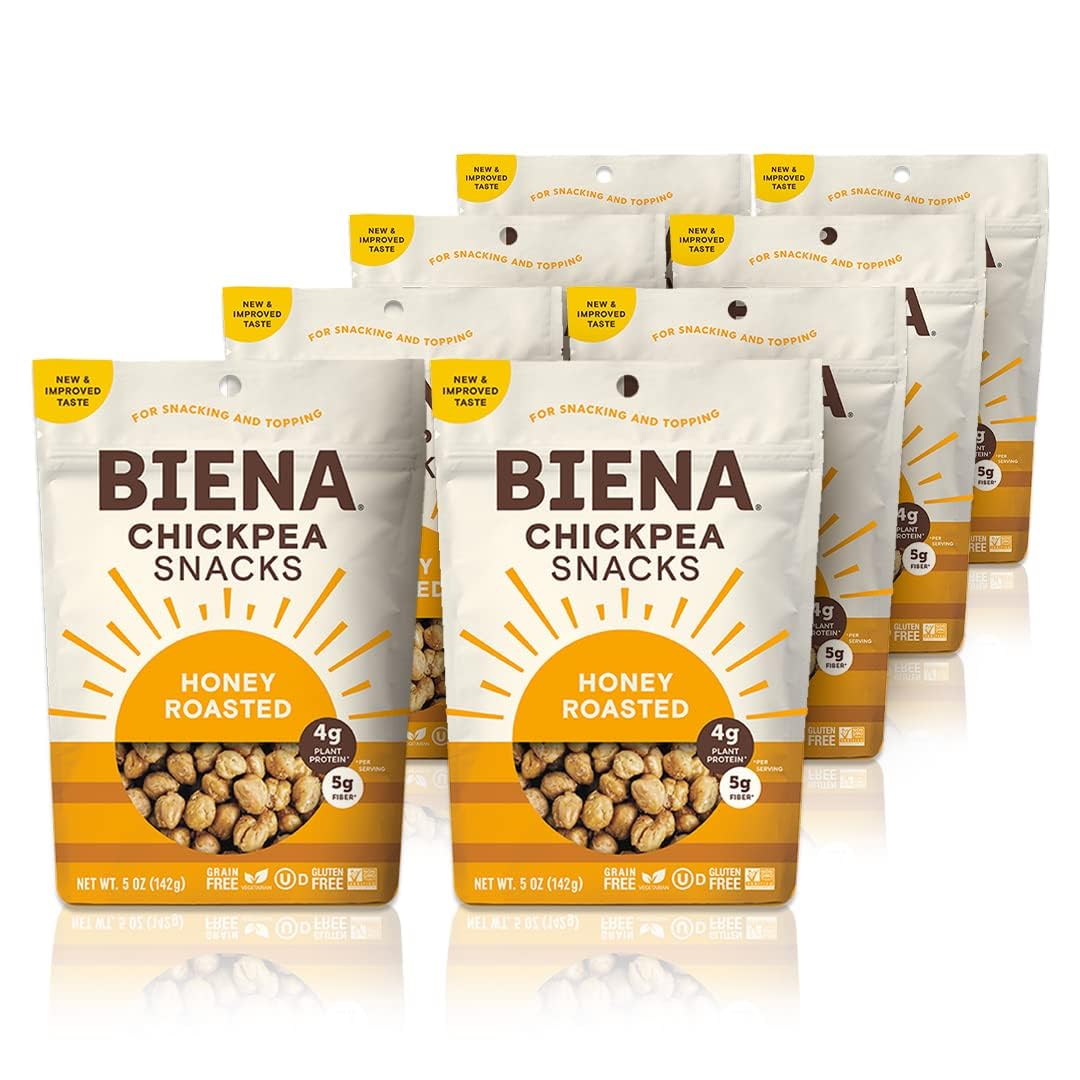 Biena Crispy Roasted Chickpea Snacks - Honey Roasted, High Protein Snacks, High Fiber Snacks, Gluten Free, Plant-Based, Allergy Friendly, Non-GMO, Healthy Snacks for Adults & Kids, 8-Pack 5 Ounce Bags