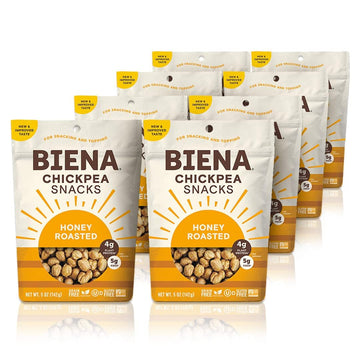 Biena Crispy Roasted Chickpea Snacks - Honey Roasted, High Protein Snacks, High Fiber Snacks, Gluten Free, Plant-Based, Allergy Friendly, Non-GMO, Healthy Snacks for Adults & Kids, 8-Pack 5 Ounce Bags