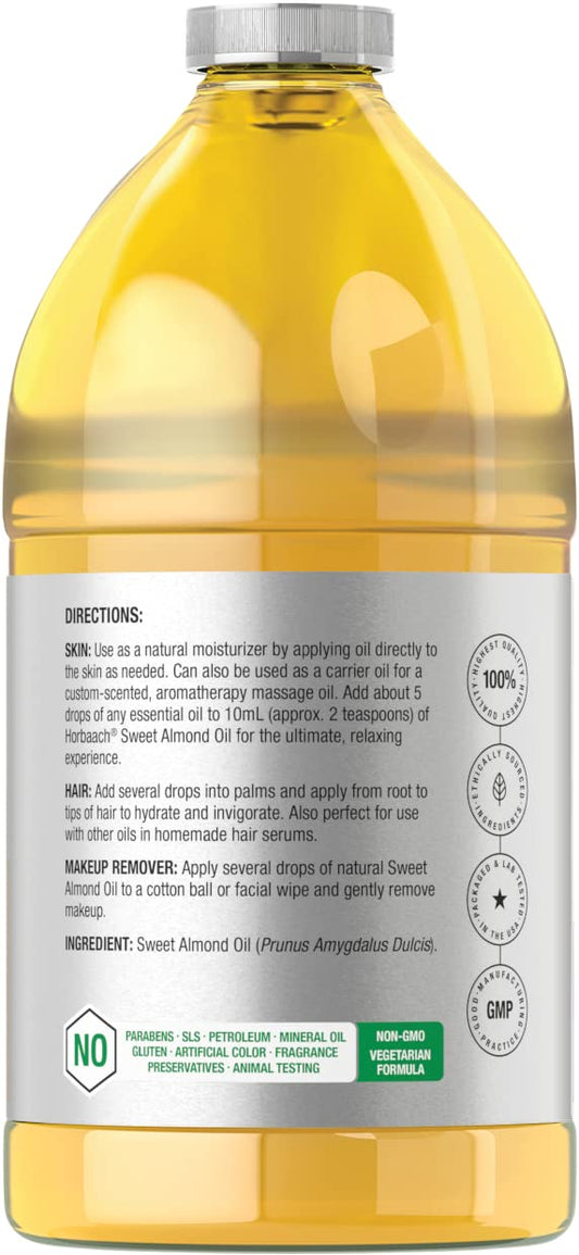 Horbäach Sweet Almond Oil 64 Fl Oz | For Hair And Skin | Pure And Moisturizing Formula | Bulk Size Carrier Oil | Vegan, Non-Gmo, Cruelty Free