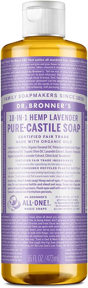 Dr. Bronner's - Pure-Castile Liquid Soap (Lavender, 16 ounce) - Made with Organic Oils, 18-in-1 Uses: Face, Body, Hair, Laundry, Pets & Dishes, Concentrated, Vegan, Non-GMO