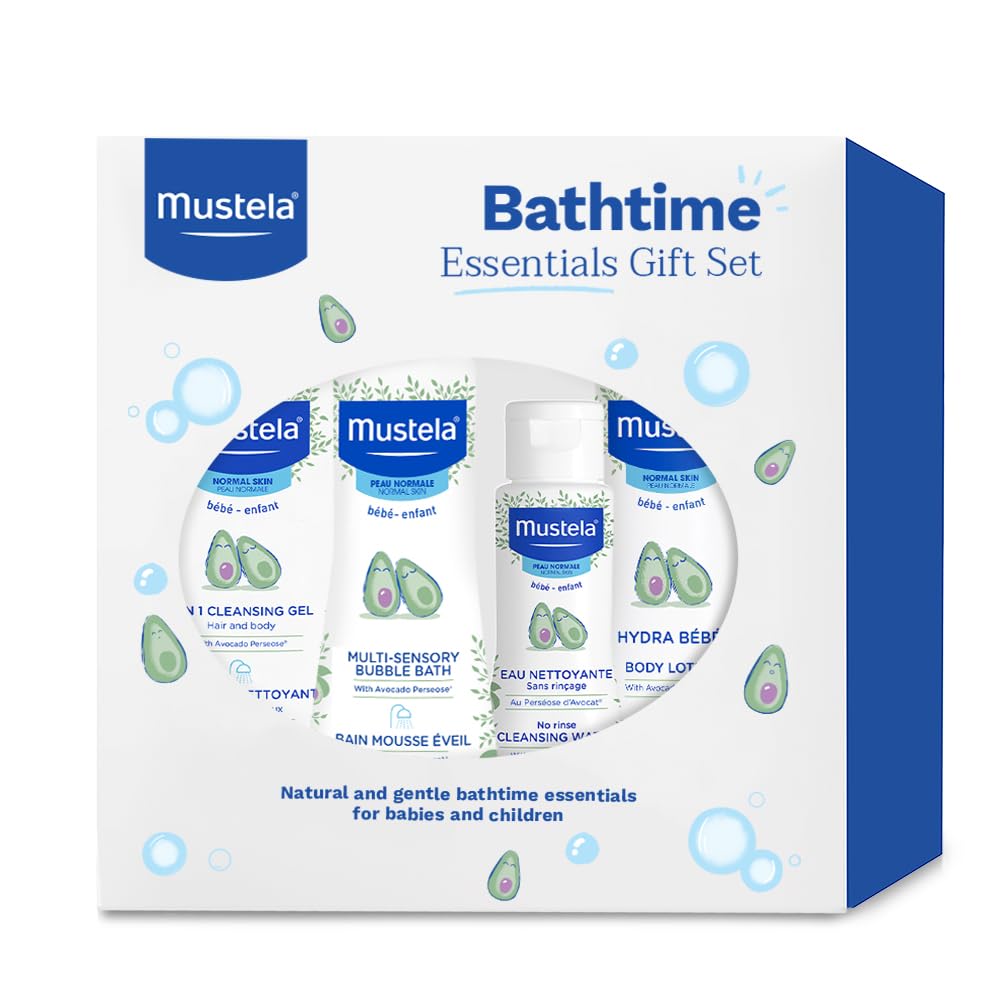 Mustela Baby Bath Time Essentials Gift Set - Natural & Plant-Based Baby Skin Care - 4 Items Set