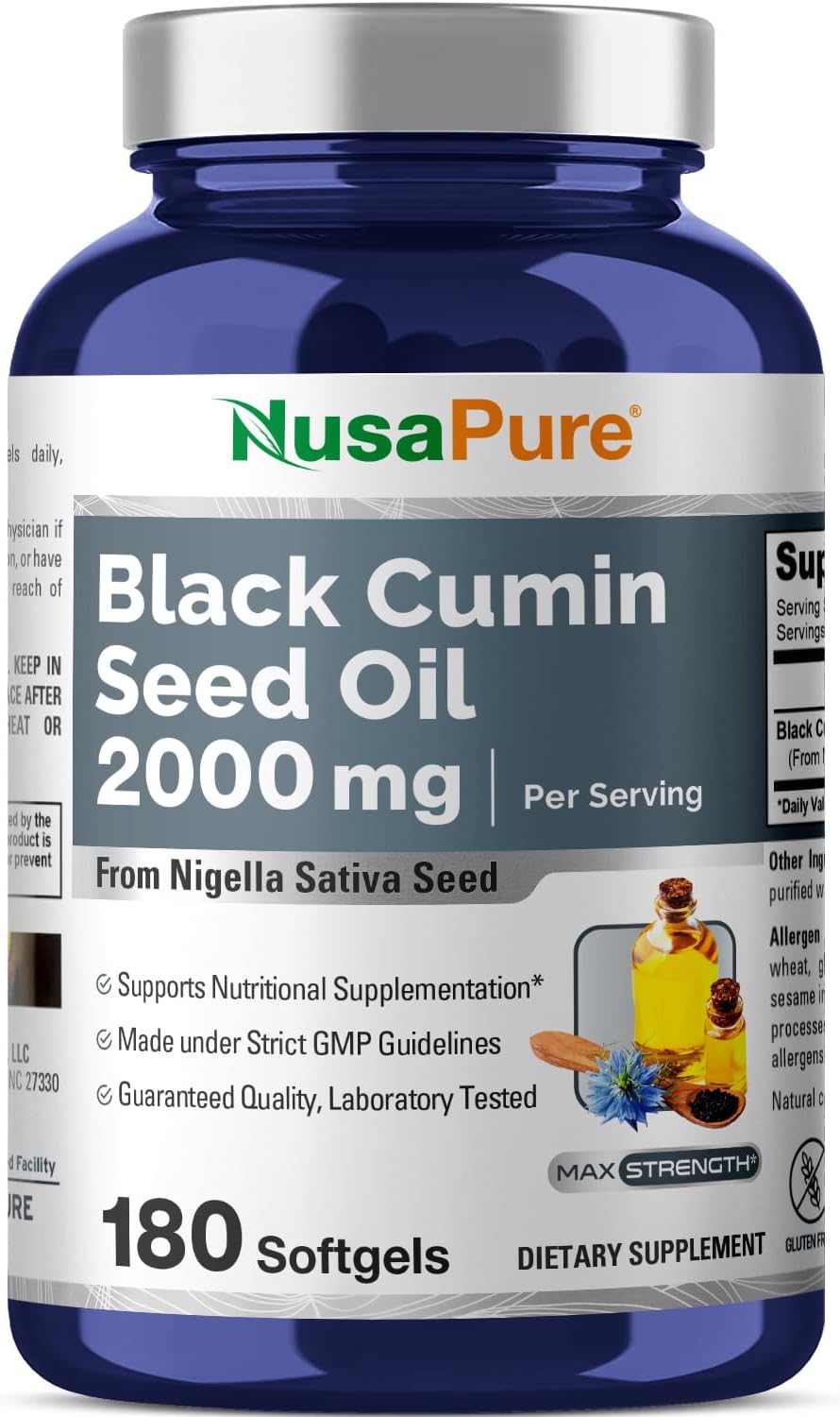 Nusapure Black Seed Oil 2000Mg Per Serving - 180 Softgel Caps (Non-Gmo, Gluten-Free) Cold-Pressed Nigella Sativa