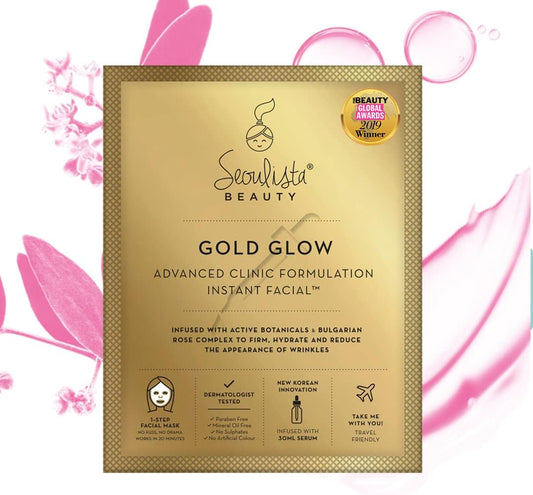 Seoulista Beauty Advanced Clinic Formulation Gold Glow Instant Facial – Anti-Ageing Face Mask —With Bulgarian Rose Oil, Vitamin C, Niacinamide — Dermatologist Created — Globally Award Winning
