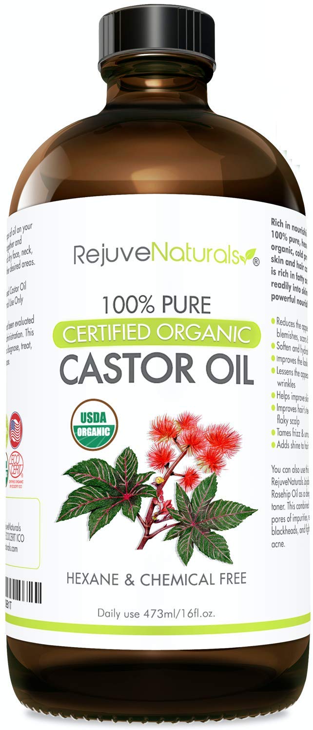 RejuveNaturals Castor Oil (16oz Glass Bottle) USDA Certified Organic, 100% Pure, Cold Pressed, Hexane Free. Boost Hair Growth for Thicker, Fuller Hair, Lashes & Eyebrows