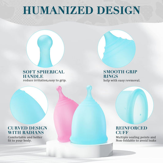 Menstrual Cup; Reusable Medical-Grade Silicone Menstrual Cups Set of 2; Soft Tampon and Pad Alternative Period Cups for Light Flow (Small, Pink & Blue)