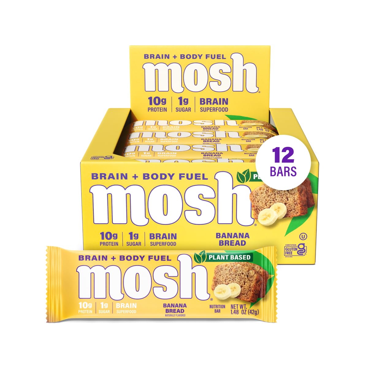 Mosh Banana Bread Plant Based Keto Protein Bars, High Protein, Gluten Free, Brain Healthy Snack With Ashwagandha, And Lion'S Mane, 12 Count