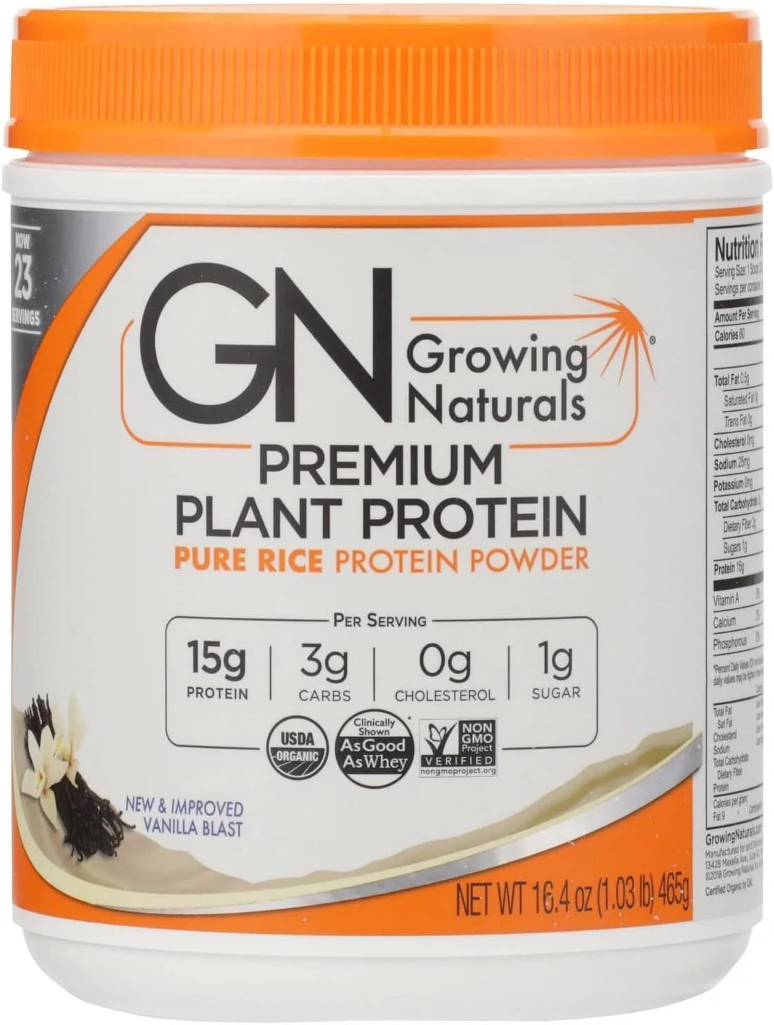 Growing Naturals Rice Protein Isolate Powder, Vanilla Blast, 465-Gram