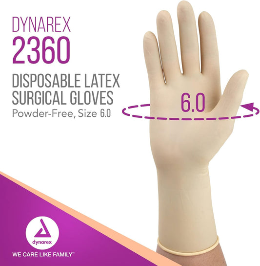 Dynarex Sterile Disposable Latex Surgical Gloves, Powder-Free, Sterilely Packaged In Pairs, Professional Medical And Healthcare Use, Veterinary Clinic, Bisque, Size 6.0, 1 Box Of 50 Pairs Of Gloves