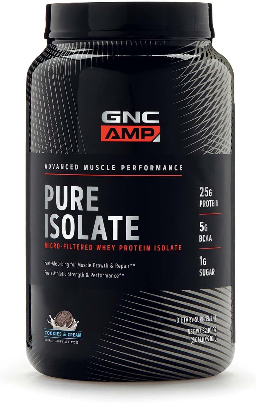 Gnc Amp Pure Isolate | Fuels Athletic Strength, Performance And Muscle Growth | Fast Absorbing | 25G Whey Protein Iso With 5G Bcaa | 28 Servings | Cookies & Cream