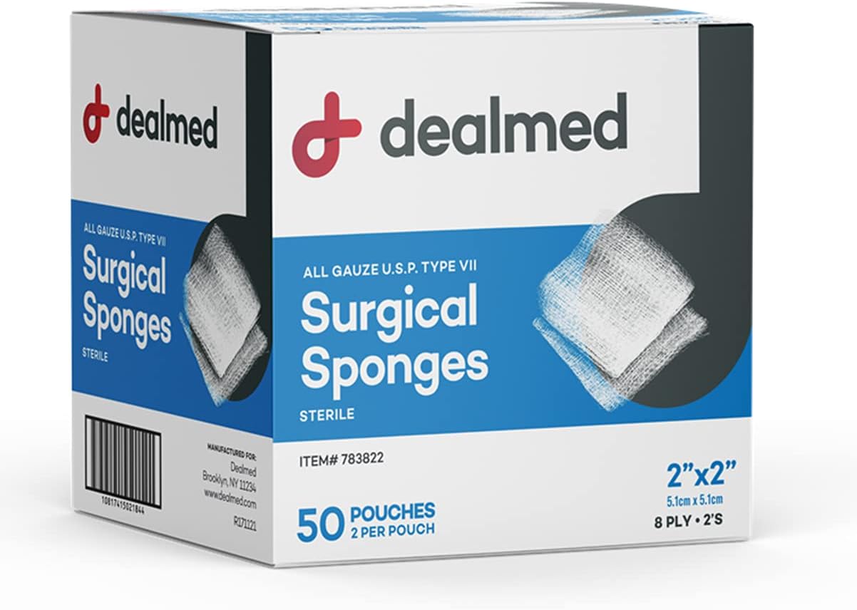 Dealmed 2" X 2" All Gauze Surgical Sponges, 8-Ply Sterile Woven Gauze Pad Wound Care For First Aid Kit And Medical Facilities, 2 Sponges/Pouch, 50 Pouches/Box (Pack Of 1)