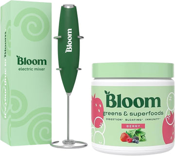 Bloom Nutrition Superfood Greens Powder, Digestive Enzymes With Probiotics And Prebiotics, Gut Health, Bloating Relief, Berry + Milk Frother High Powered Hand Mixer