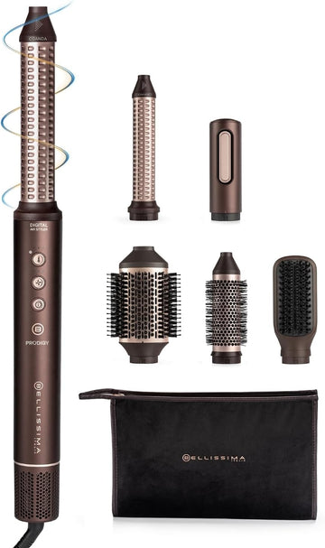 Bellissima Prodigy 6-In-1 Auto-Curling Air Styler & Hair Dryer, Auto-Wrap, Ceramic Tech, 6 Attachments For Styling, Straightening & Blow Drying For All Hair Types, Digital Heat Control, Beauty Bag