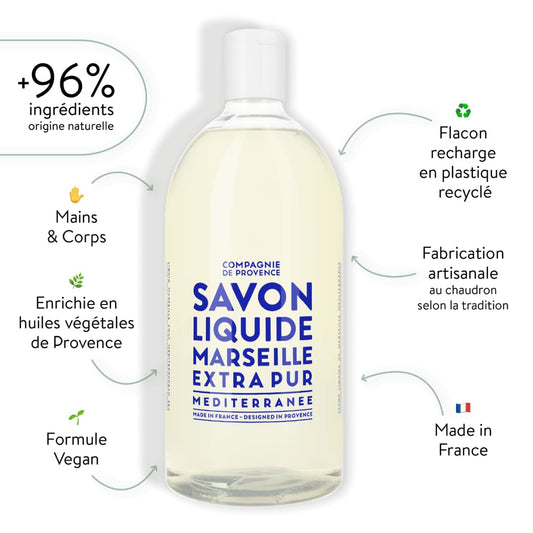 Compagnie De Provence Savon De Marseille Extra Pure Liquid Soap - Mediterranean Sea - 33.8 Fl Oz Plastic Bottle Refill