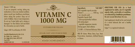 Solgar Vitamin C 1000 Mg, 250 Vegetable Capsules - Antioxidant & Immune Support - Overall Health - Healthy Skin & Joints - Bioflavonoids Supplement - Non Gmo, Vegan, Gluten Free, Kosher - 250 Servings