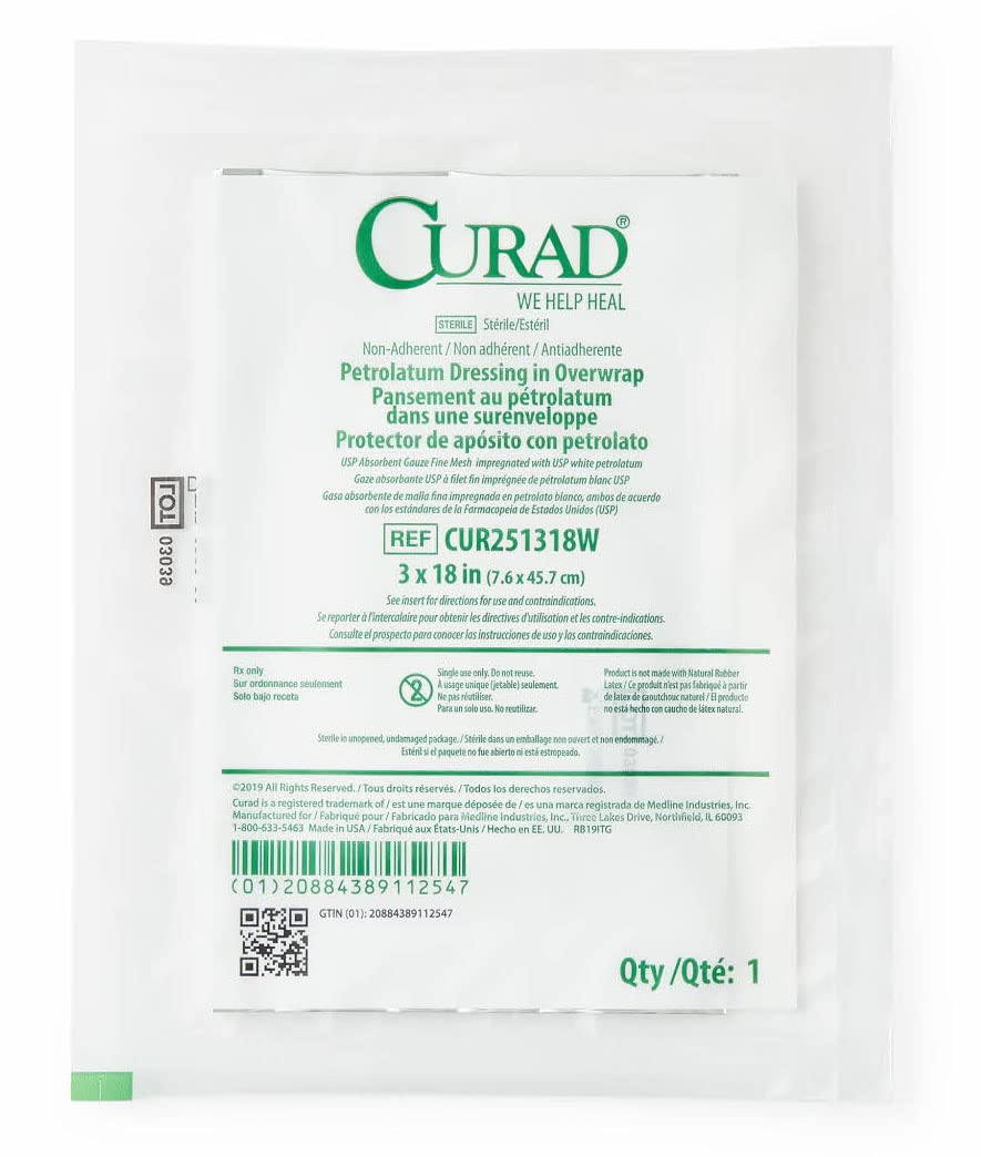 Curad Sterile Latex Free Petrolatum Gauze Dressing, 3" x 18" (Pack of 72): Industrial & Scientific