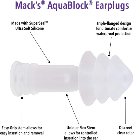 Mack's AquaBlock Swimming Earplugs, 2 Pair - Comfortable, Waterproof, Reusable Silicone Ear Plugs for Swimming, Snorkeling, Showering, Surfing and Bathing (Clear)