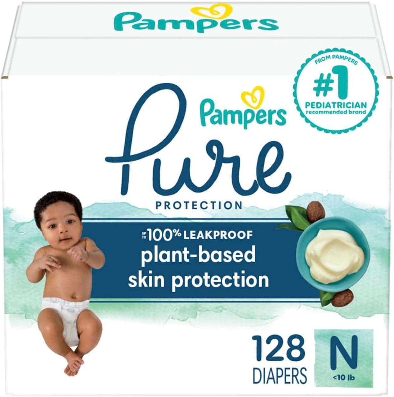 Pampers Pure Protection Diapers Newborn - Size 0, 128 Count, Hypoallergenic Premium Disposable Baby Diapers