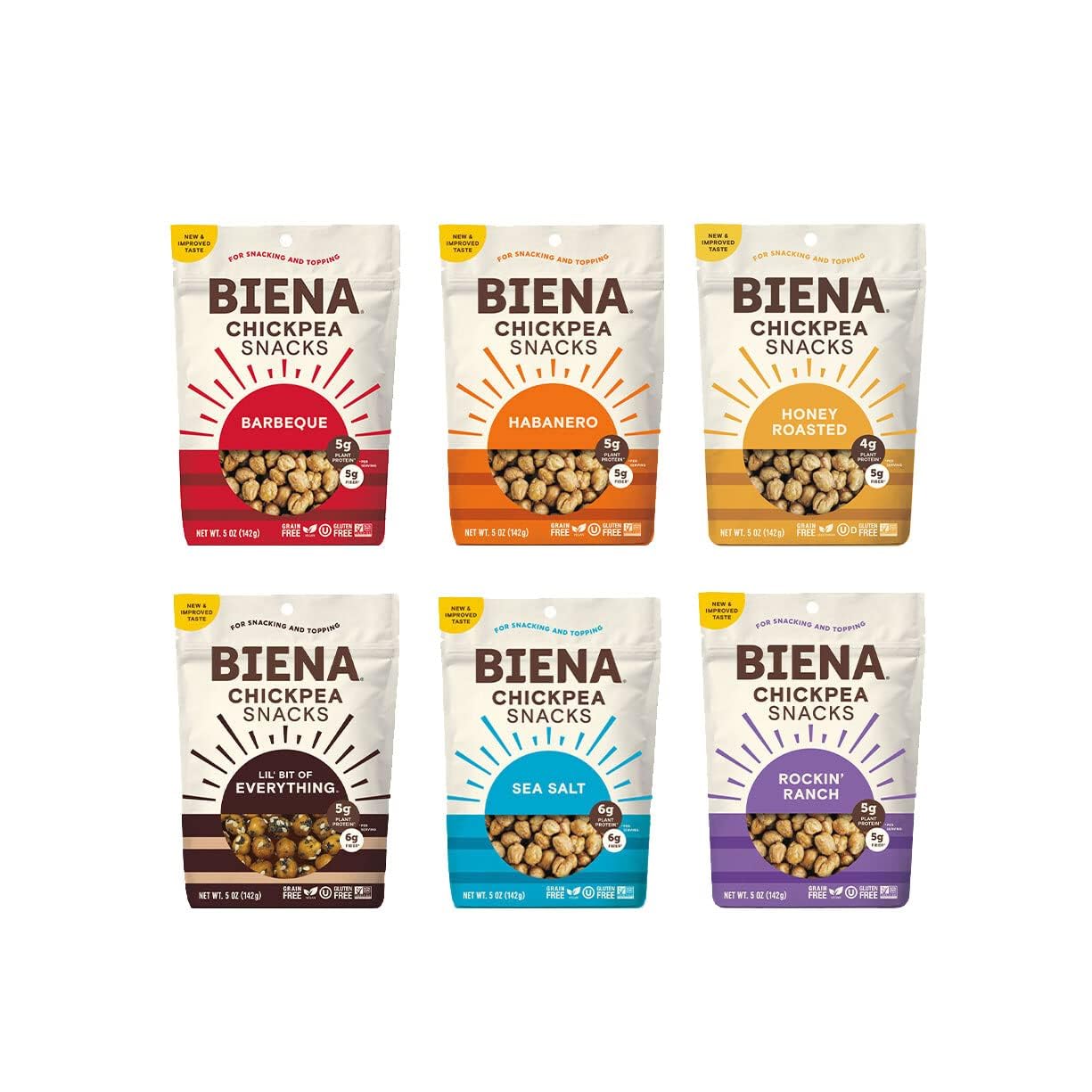 Biena Crispy Roasted Chickpea Snacks - Honey Roasted, High Protein Snacks, High Fiber Snacks, Gluten Free, Plant-Based, Allergy Friendly, Non-GMO, Healthy Snacks for Adults & Kids, 8-Pack 5 Ounce Bags