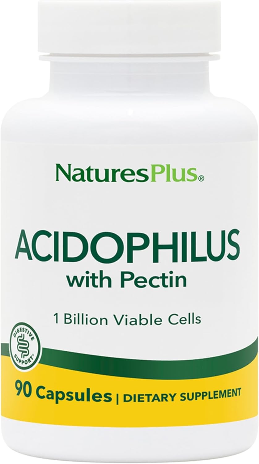 Natures Plus Acidophilus With Pectin - 90 Capsules - Probiotic Supplement With 1 Billion Viable Cells & Pectin - Vegan, Gluten Free - 90 Servings