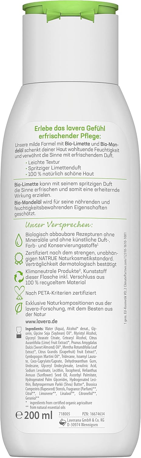 Lavera Body Lotion Refreshing - Body Milk With Lime & Almond Oil Fragrance - Body Milk For Normal Skin - Peta Certified - Biodegradable - Vegan - Natural Cosmetics - 6.76 Fl.Oz