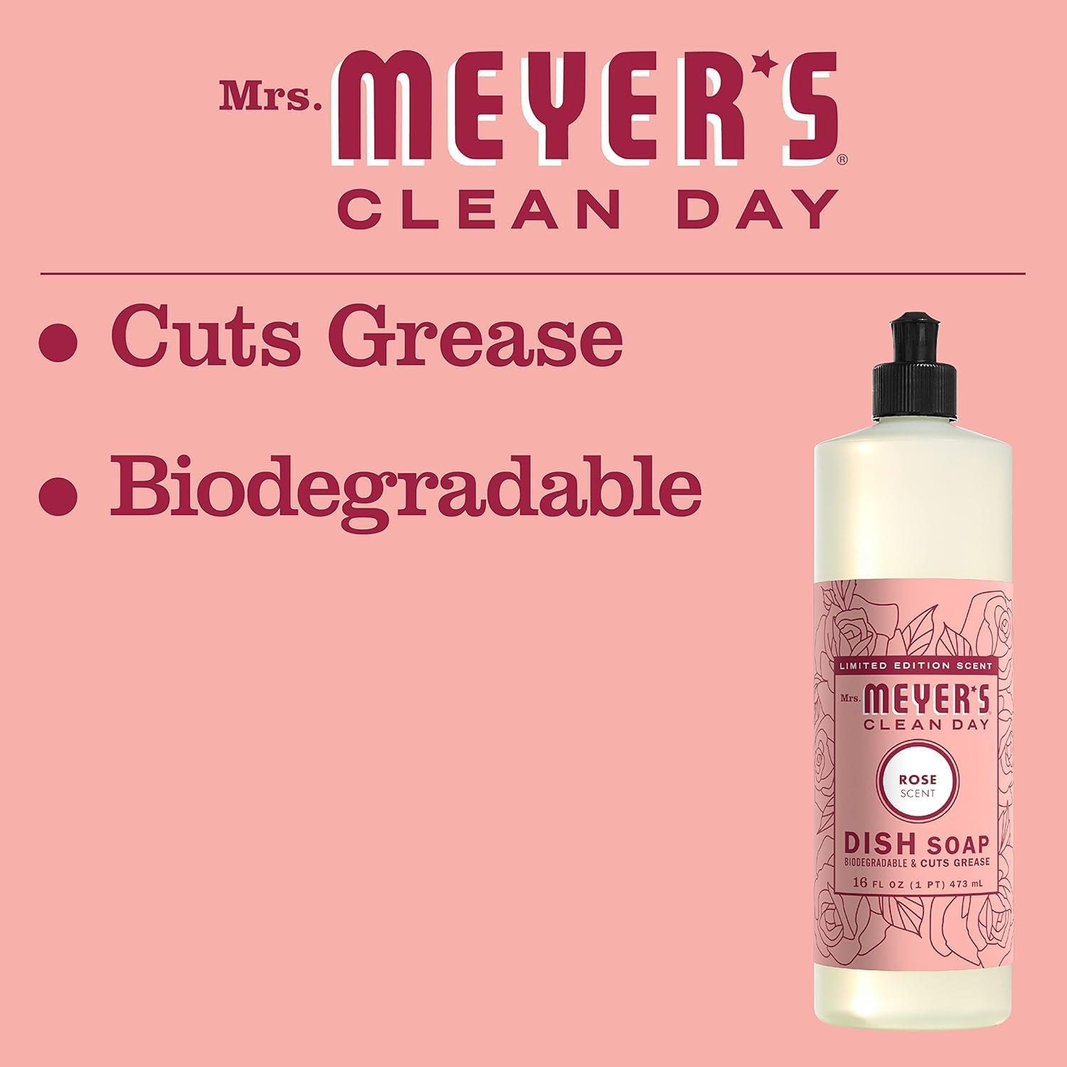MRS. MEYER'S CLEAN DAY Liquid Dish Soap, Rose Scent, 16 Fl Oz (Pack of 3) : Health & Household