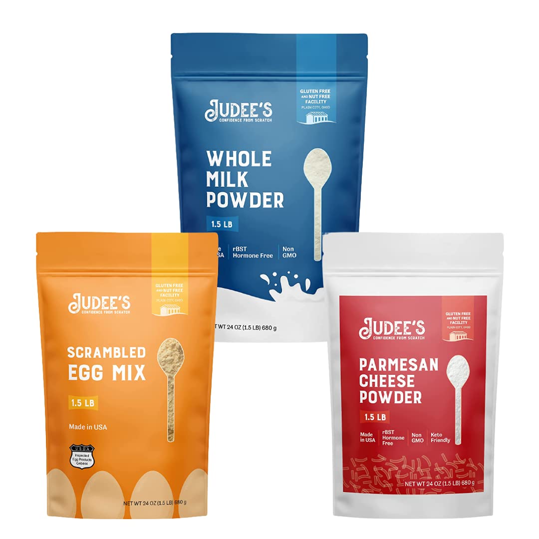 Judee'S Camping Bundle: Scrambled Egg Mix 1.5 Lb (24 Oz), Whole Milk Powder 1.5 Lb (24 Oz), Parmesan Cheese Powder 1.5 Lb (24 Oz)