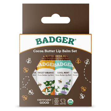 Badger - Cocoa Butter Lip Balm Set, Fair Trade, Certified Organic Lip Butter, Flavored, Cocoa, Vanilla, Orange, Mint, 0.25 Oz (4 Pack)