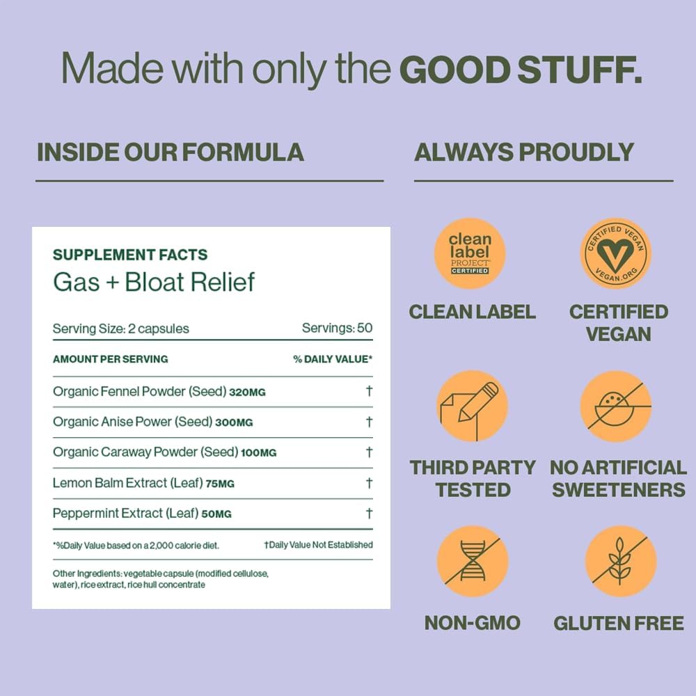 Hilma Natural Gas And Bloating Relief For Women, Doctor Formulated With Organic Ingredients, Lemon Balm, Fennel And Peppermint Leaf, 50 Vegan Capsules : Health & Household