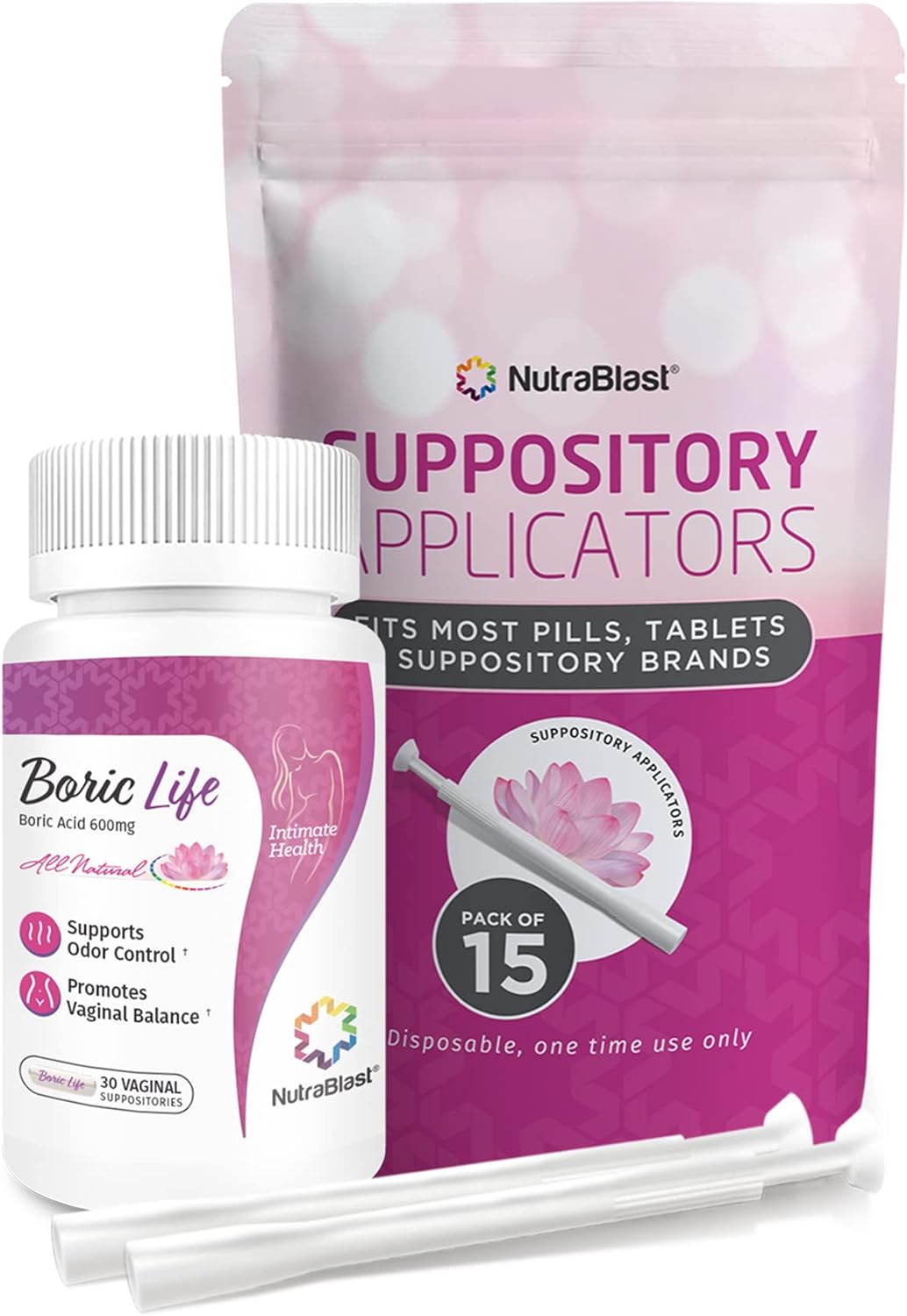 Nutrablast Boric Acid Vaginal Suppositories 600Mg W/Applicator, 30 Suppositories & 15 Applicators - Feminine Care - Made In Usa