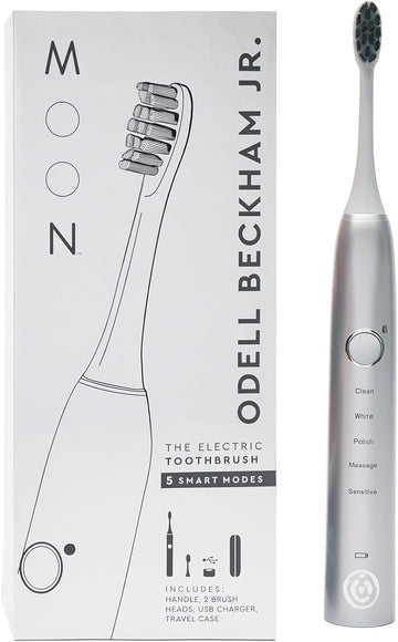 MOON Sonic Electric Toothbrush for Adults, 5 Smart Modes to Clean, Whiten, Massage and Polish Teeth, Rechargeable with Travel Case, Platinum, Co-Created with Odell Beckham Jr