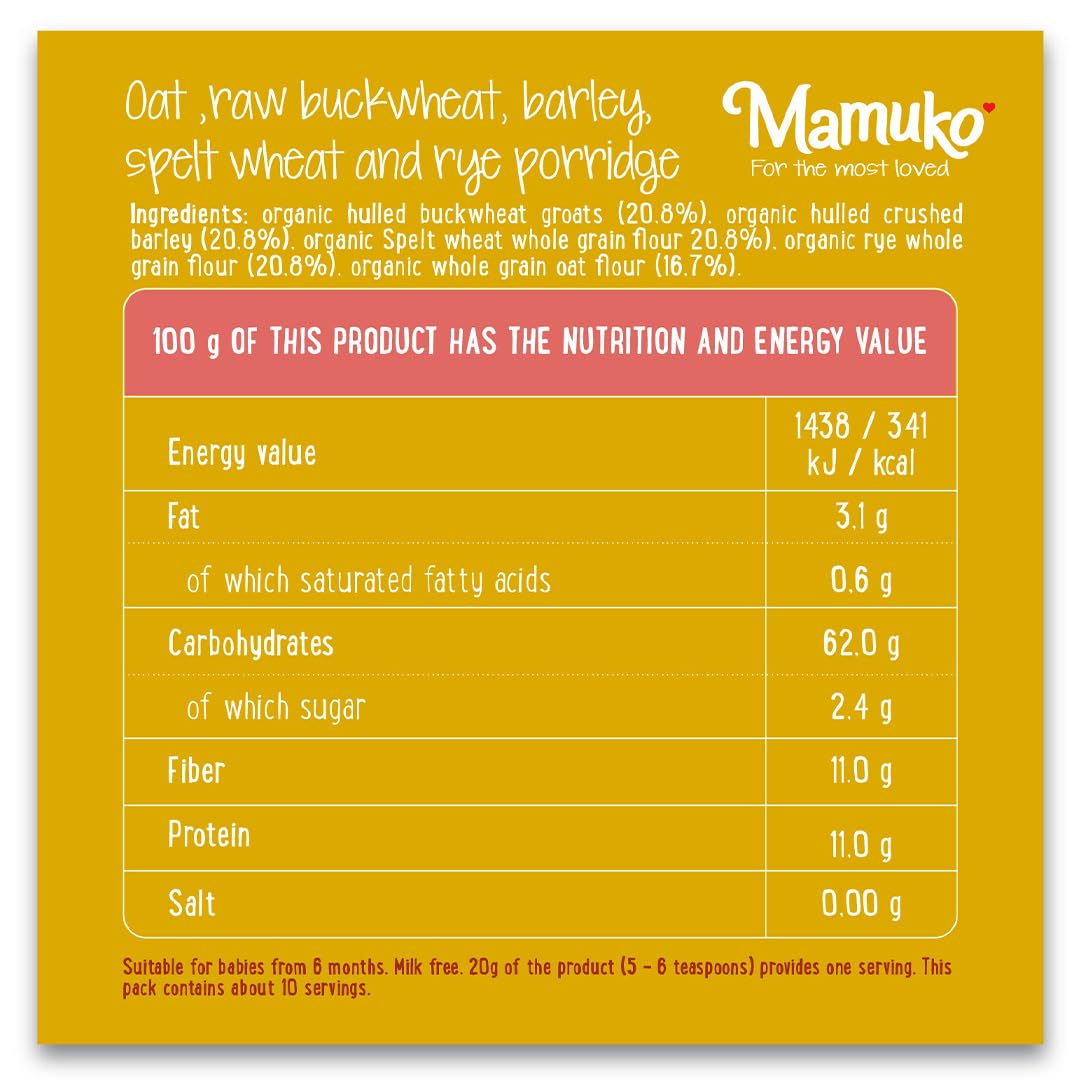 Mamuko Organic Porridge - Multi Grain Porridge Blend Of Oats, Bright Buckwheat, Barley, Spelt, Rye & Grits - High Fiber Porridge No Added Sugar, Milk & Preservatives -Organic Porridge With 10 Servings