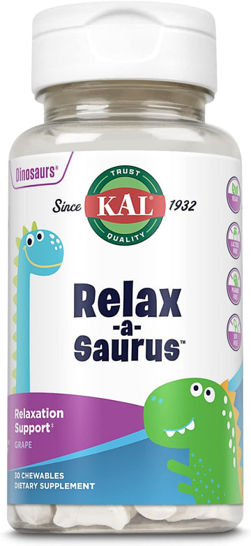 Kal Relax-A-Saurus, Stress Support Supplement For Kids, L-Theanine For Children With Herbal Stress Relief & Relaxation & Blend, Delicious Natural Grape Flavor, 60-Day Guarantee, 30 Chewables