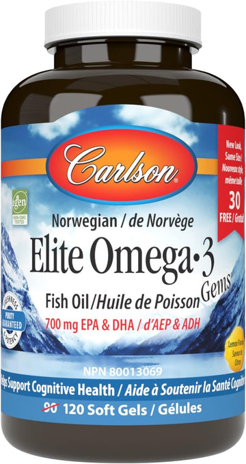 Carlson - Elite Omega-3 Gems,1600 mg Omega-3 Fatty Acids Including EPA and DHA,Norwegian, Wild-Caught fish oil Supplement,Sustainably Sourced Capsules, Lemon, 90+30 Softgels