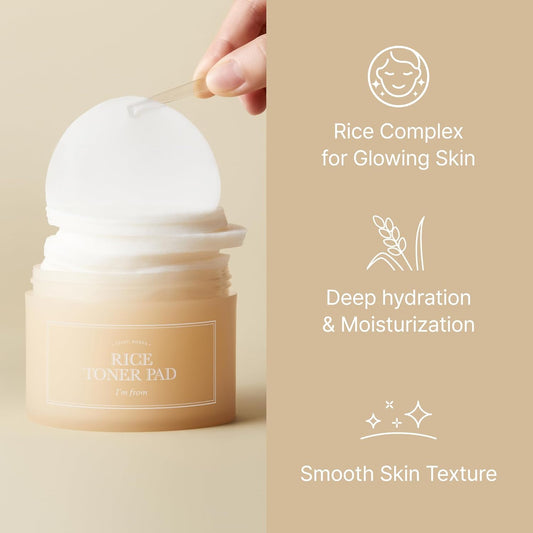 I'M From Rice Toner Pads 140Ml, 60 Sheets, Triple-Layered Pads, Rice Extract From Korea, For Dry And Rough Skin