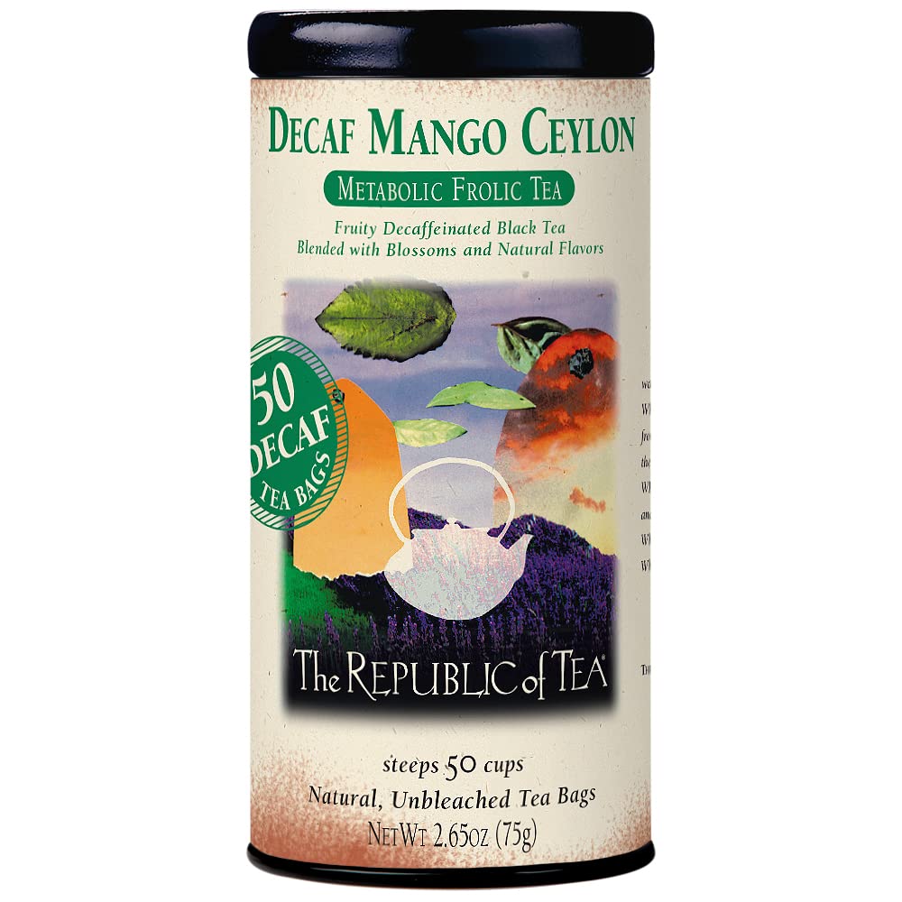 The Republic Of Tea — Decaf Mango Ceylon Black Tea Tin, 50 Tea Bags, Environmentally- Friendly Decaffeinated Tea