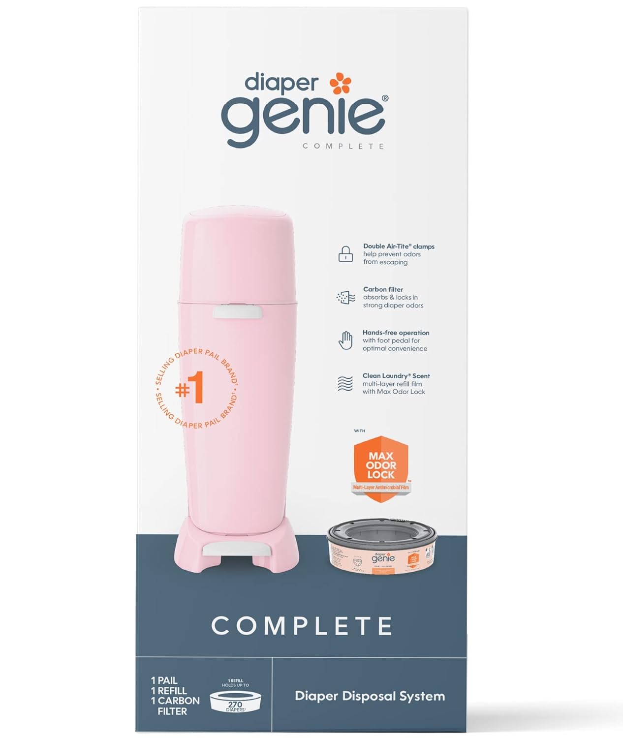 Playtex Diaper Genie Complete Pail With Built-In Odor Controlling Antimicrobial, Includes Pail & 1 Refill, Pink