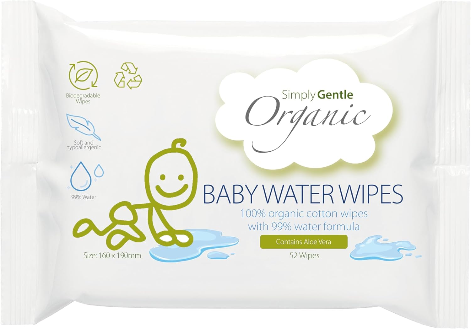 Simply Gentle Organic - Baby Water Wipes, 100% Organic Cotton With 99% Water Formula - Soft & Hypoallergenic, Suitable For Newborn - Chemical Free, Dermatological Tested - 52 (Pack Of 3)